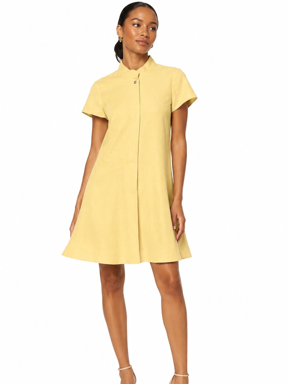 NEW Jones New York Dress Silk Linen Blend Dress Mock Neck Button-up Lemongrass